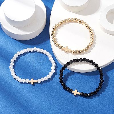 3Pcs 3 Styles CCB Plastic Beads & Opaque Acrylic Beads & ABS Plastic Imitation Pearl Round Beads Stretch Bracelet Set BJEW-JB11605-1
