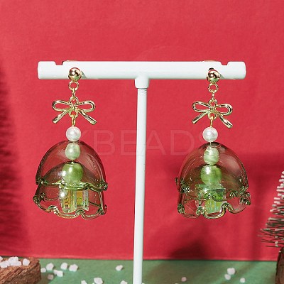Christmas Tree Glass Dangle Stud Earrings with Shell Pearl Beaded EJEW-TA00236-1