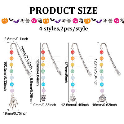 8Pcs 4 Style Tibetan Style Alloy Pendant Bookmarks for Halloween's Day AJEW-FG0002-69-1