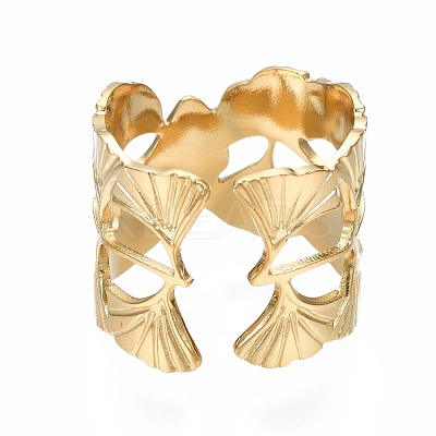 304 Stainless Steel Ginkgo Leaf Wrap Open Cuff Ring RJEW-T023-28G-1