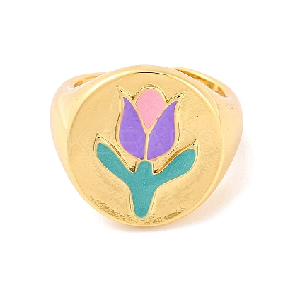 Round with Tulip Brass Enamel Open Cuff Rings RJEW-U009-05C-G-1