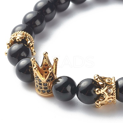 Natural Black Stone Round Beads Stretch Bracelets BJEW-JB06606-04-1