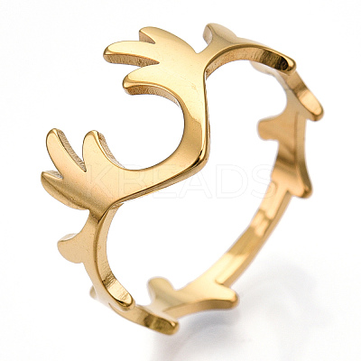 Ion Plating(IP) 304 Stainless Steel Deer Antler Adjustable Ring for Women RJEW-T027-06G-1