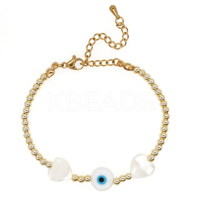 Summer Natural Shell Heart & Evil Eye & Brass Round Beaded Bracelets with Stainless Steel Chains NH4059-1