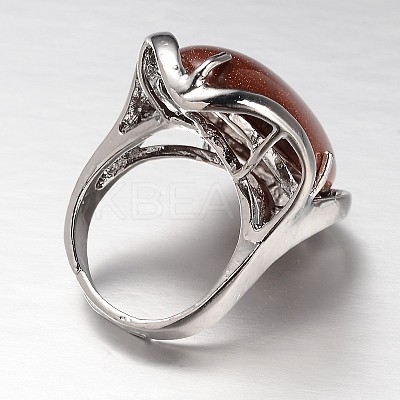 Adjustable Oval Brass Synthetic Goldstone Wide Band Rings RJEW-L062-03H-1