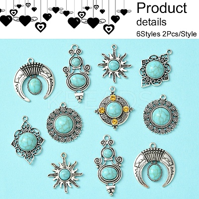 12Pcs 6 Styles Tibetan Style Alloy Pave Imitation Turquoise Pendants FIND-FS0002-81-1