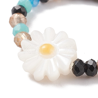 Shell & Glass Beaded Stretch Finger Ring for Women RJEW-JR00481-1