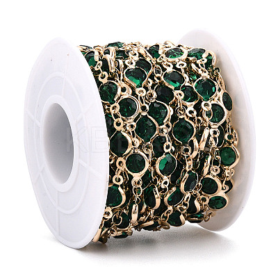 Medium Sea Green Faceted Glass Beaded Flat Round Link Chains KK-TAC0020-02G-RS-1