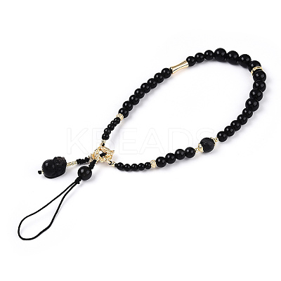 Natural Gold Obsidian & Limestine & Obsidian & Black Agate & Brass Mobile Phone Straps HJEW-N003-02-1