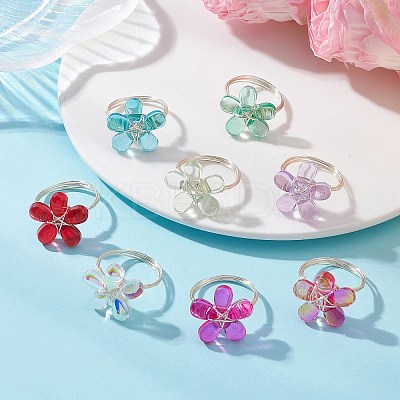 8Pcs 8 Colors Eco-Friendly Copper Wire Wrapped Transparent Glass Finger Rings RJEW-JR00982-1
