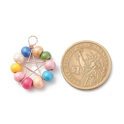Natural Wood Round Beads Pendants PALLOY-JF01763-03-1