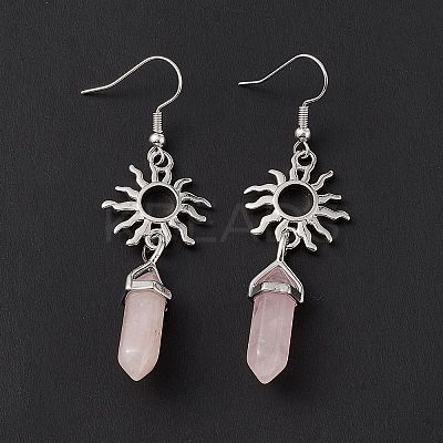 Natural Rose Quartz Bullet with Sun Dangle Earrings EJEW-I276-01P-19-1