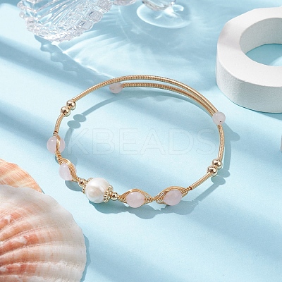 Natural Rose Quartz Round Beaded Cuff Bangle BJEW-JB10113-02-1