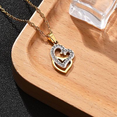 304 Stainless Steel Crystal Rhinestone Heart Pendant Cable Chain Necklaces for Women NJEW-Z056-01E-G-1