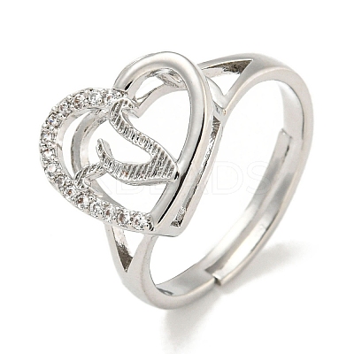 Heart with Letter Rack Plating Brass Micro Pave Cubic Zirconia Adjustable Rings for Women RJEW-I105-06P-V-1