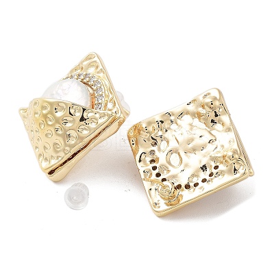 Rhombus Natural Pearl Stud Earrings with Brass Micro Pave Cubic Zirconia and 925 Sterling Silver Pins EJEW-P256-86G-1