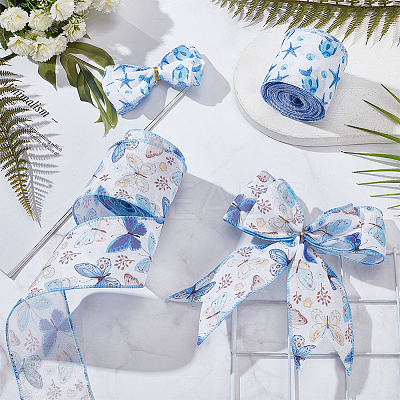 2 Rolls 2 Styles Polyester Printed Wired Ribbon OCOR-FG0002-49-1