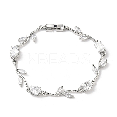 Brass Micro Pave Cubic Zirconia Oval & Leaf Link Chain Bracelets for Women BJEW-G764-05P-02-1