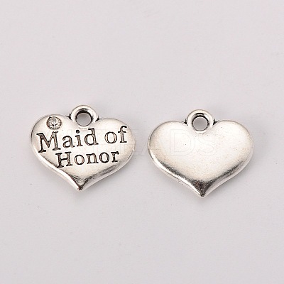 Wedding Theme Antique Silver Tone Tibetan Style Heart with Maid of Honor Rhinestone Charms X-TIBEP-N005-05B-1