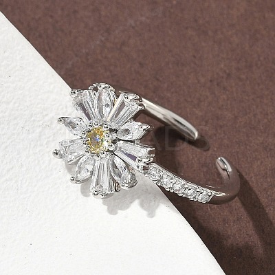 Flower Brass Micro Pave Cubic Zirconia Cuff Rings for Women RJEW-A069-01A-P-1