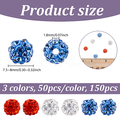 150Pcs 3 Colors Rhinestone Pave Disco Ball Beads RB-UN0001-17C-1