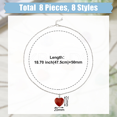 8Pcs 8 Styles Natural Mixed Gemstone Heart Pendant Necklace with Alloy Chains NJEW-FI0001-45-1