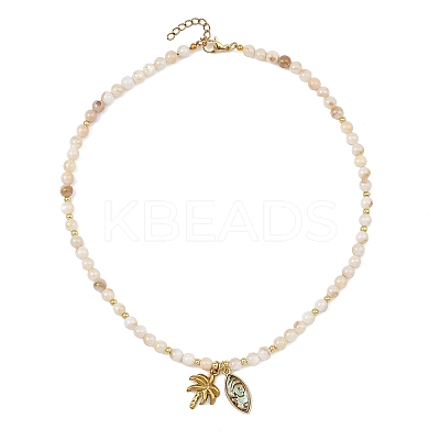 Ocean 304 Stainless Steel Coconut Tree and Brass Enamel Horse Eye Pendant AB Color Natural Freshwater Shell Round Beaded Necklaces NJEW-JN06320-1