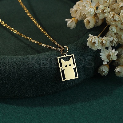 304 Stainless Steel Laser Cut Rectangle with Cat Shape Pendant Necklaces FS-WGDBF09-01-1