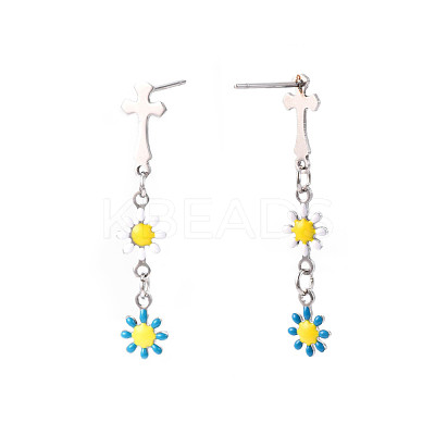 Cross with Flower Enamel Long Dangle Stud Earrings EJEW-N049-01A-1