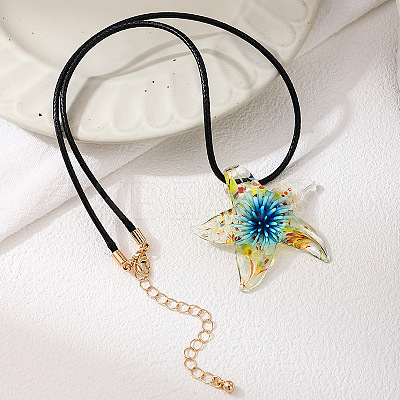Summer Beach Starfish Transparent Glass Pendant Black Waxed Cord Necklaces for Women FS-WG29C72-01-1