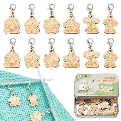 Wood Mushroom House Pendant Locking Stitch Markers HJEW-NB00121-1