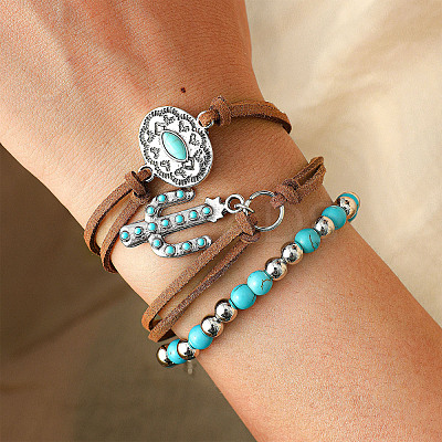 3Pcs 3 Styles Zinc Alloy & Resin Imitation Turquoise Link & Charm Bracelets WGDCF13-01-1