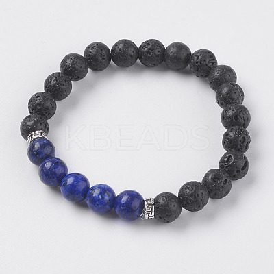 Natural Lava Rock and Natural Lapis Lazuli Beads Stretch Bracelets BJEW-E326-10B-1