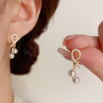 Brass Micro Pave Clear Cubic Zirconia Knot with Round Dangle Stud Earrings FS-WGC5F67-01-1
