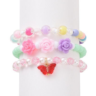 3Pcs 3 Style Acrylic Flower & Imitation Pearl Beaded Stretch Bracelets Set BJEW-JB09105-1