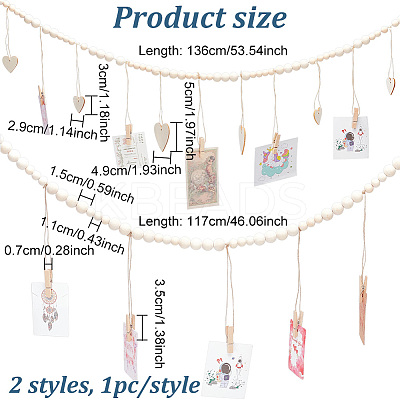 2Pcs 2 Styles Wall Hanging Photo Display with Wooden Beads Garland WOOD-GO0001-02-1