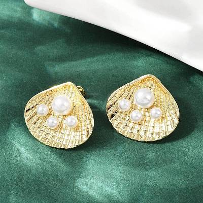 Brass Shell Shape Stud Earrings EJEW-S277-06G-1