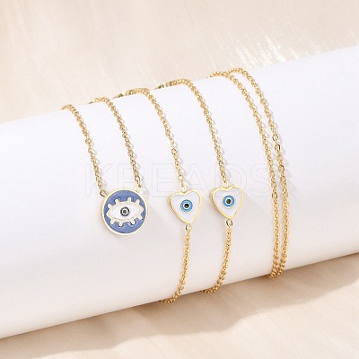 304 Stainless Steel Blue & White Enamel Evil Eye Link Chain Long Necklaces NJEW-V001-02G-1