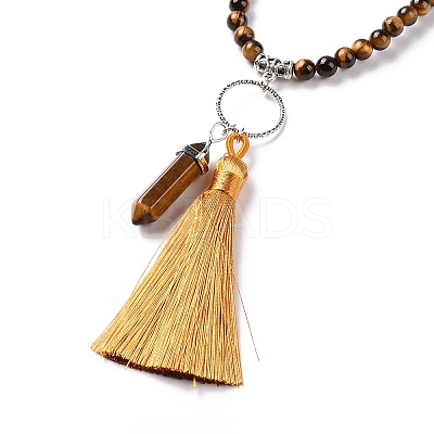 Natural Tibetan Agate Bullet & Tassel Pendant Necklace with Mixed Gemstone Beaded Chains NJEW-E585-02B-1