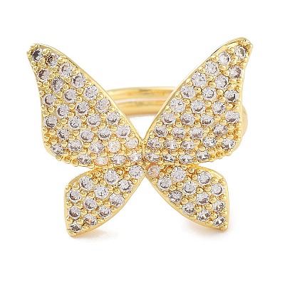 Butterfly Rack Plating Brass Micro Pave Cubic Zirconia Adjustable Rings for Women RJEW-Z059-13G-1