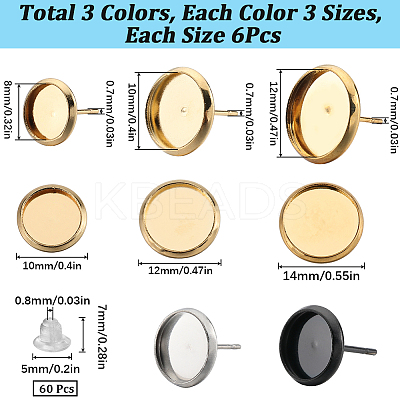 54Pcs 9 Style Flat Round 304 Stainless Steel Stud Earring Settings STAS-SC0006-66-1