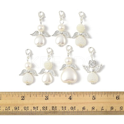 14Pcs 7 Styles ABS Plastic Imitation Pearl & Alloy Pendant Decorations HJEW-FS00042-01-1