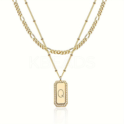Brass Micro Pave Clear Cubic Zirconia Rectangle with Initial Pendant Double Layer Necklaces for Women FS-WG478B5-17-1