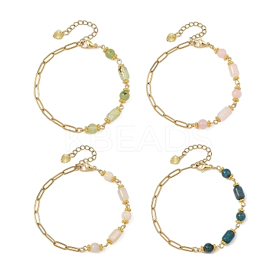 Natural Mixed Stone Round Column Beaded Chain Bracelets with 304 Stainless Steel Paperclip Chains BJEW-JB14298-1