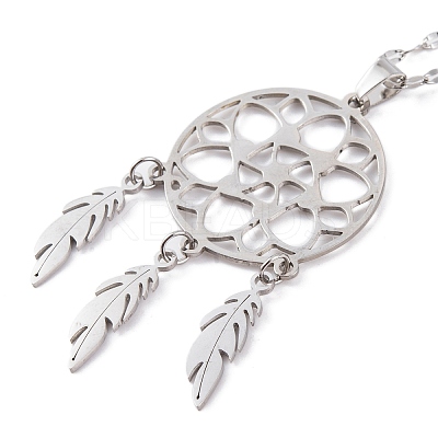 Non-Tarnish Woven Net/Web with Feather 201 Stainless Steel Boho Pendant Necklaces for Women NJEW-G087-07P-1