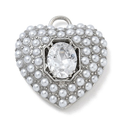 Rack Plating Brass Micro Pave Clear Cubic Zirconia with ABS Plastic Pearl Pendants KK-G515-55P-1