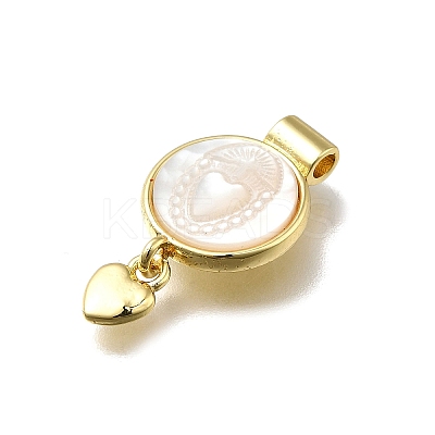 Brass Pave Natural White Shell Flat Round with Heart Pendants KK-C090-37G-05-1