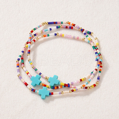 3Pcs Bohemian Cross Charm Glass Seed Bead & Brass Beads Stretch Bracelet for Women SA4132-2-1
