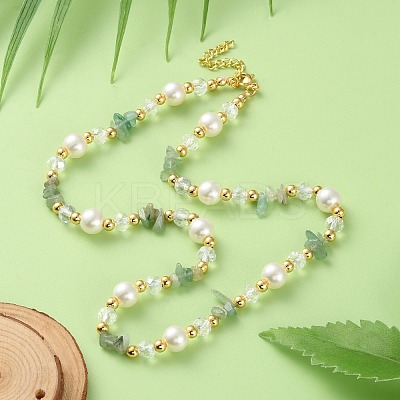 Mixed Gemstone/Glass/Shell Chip & Imitation Pearl & Brass Beaded Necklaces for Women NJEW-S107-01A-1