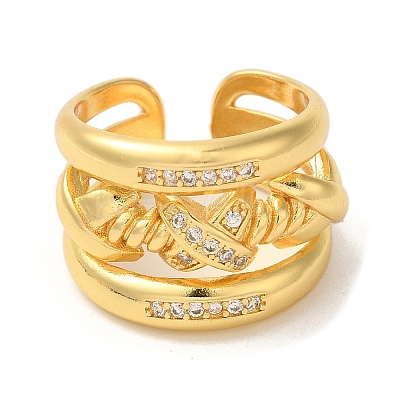 Brass Micro Pave Cubic Zirconia Cross Open Cuff Rings RJEW-U008-47G-1